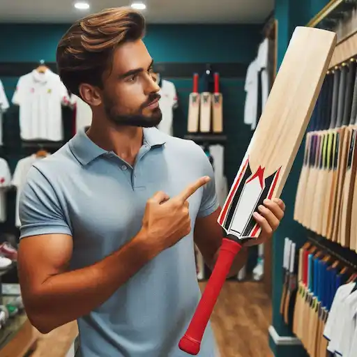 boy looking cricket bat in sports shop